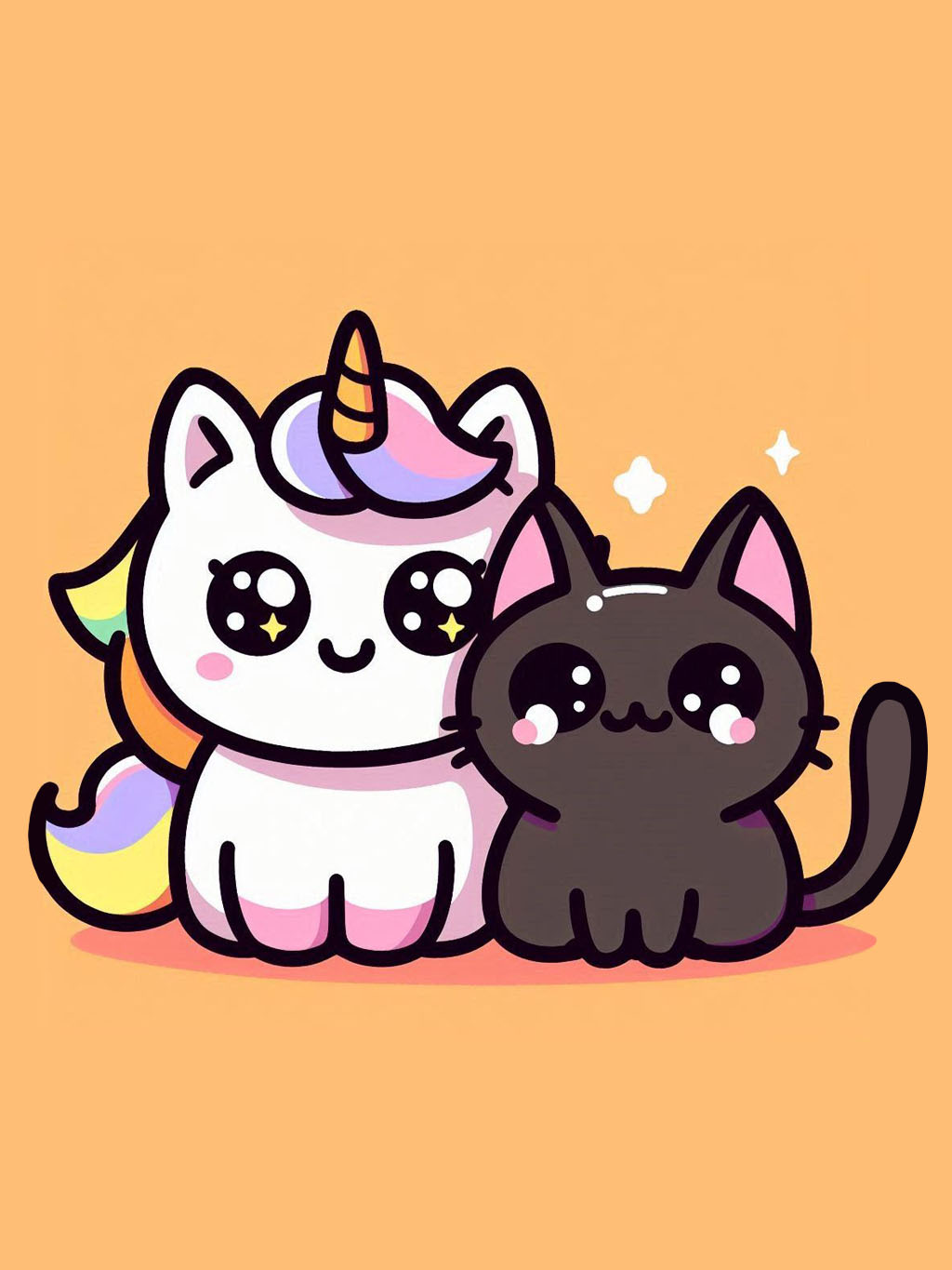 halloween unicorn illustration ideas featuring a cute unicorn with a rainbow mane sitting beside an adorable black cat on a pastel orange background.
